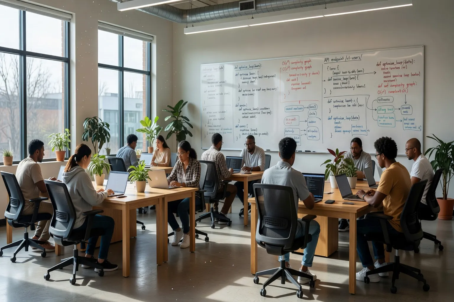 Salle de bootcamp moderne avec étudiants devant leurs ordinateurs portables et formateur au tableau