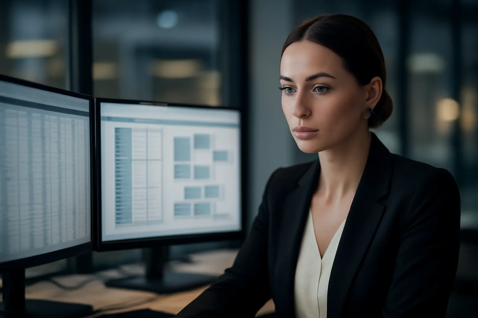 Ingénieure data travaillant sur deux écrans affichant des structures de tables