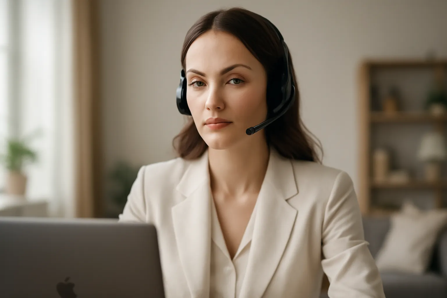 Développeuse en visioconférence depuis son domicile, casque audio sur les oreilles