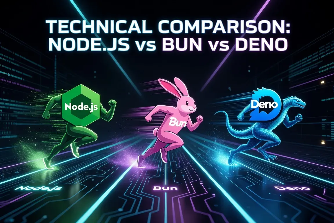 Comparatif Node.js, Bun et Deno comme coureurs sur une piste, accents tech 2026