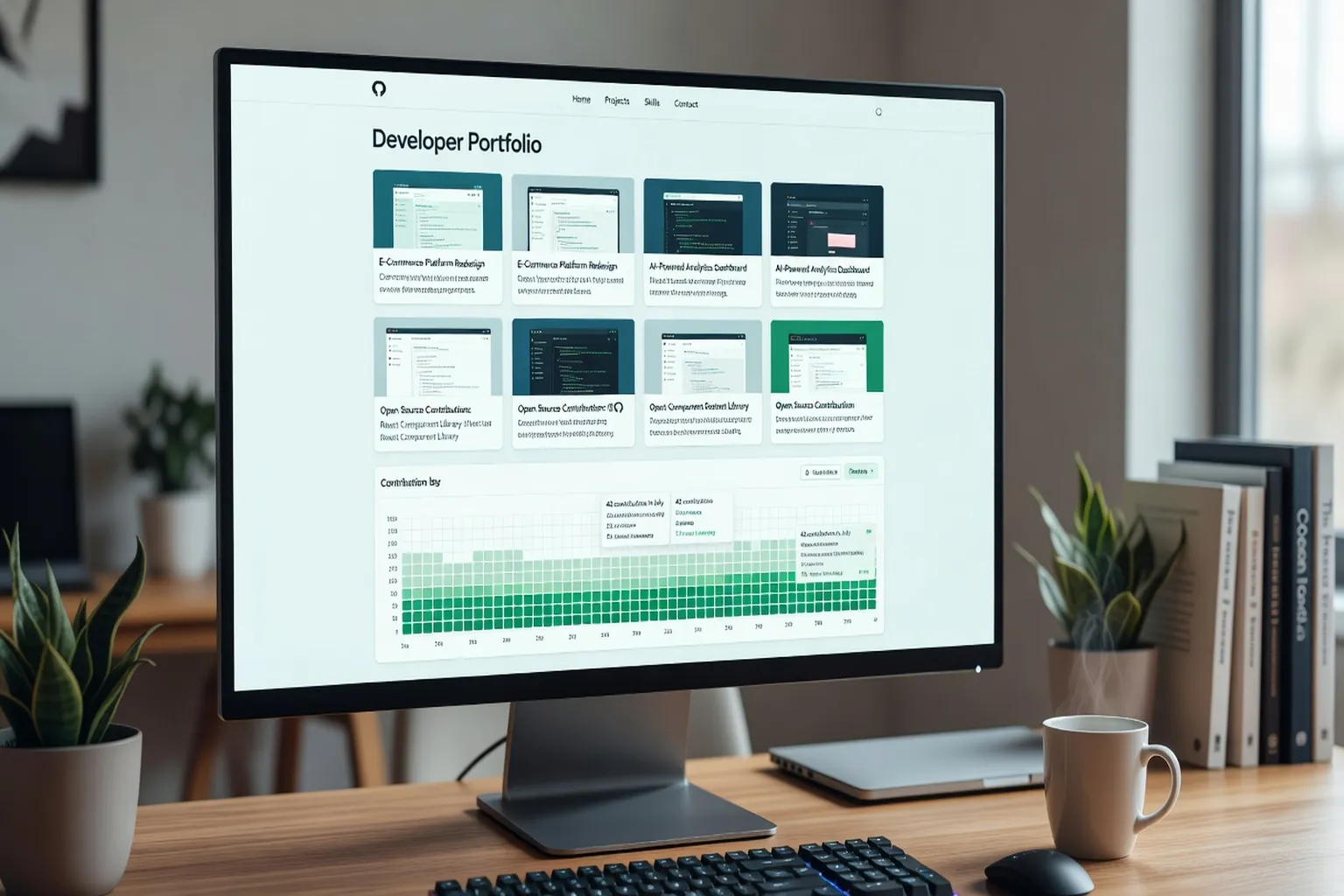 Site portfolio de développeur affichant des projets et des contributions GitHub