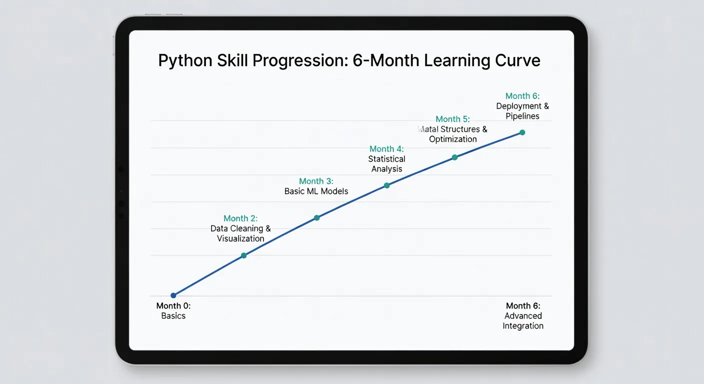 Graphique de progression d'apprentissage Python avec courbe de compétences sur 6 mois
