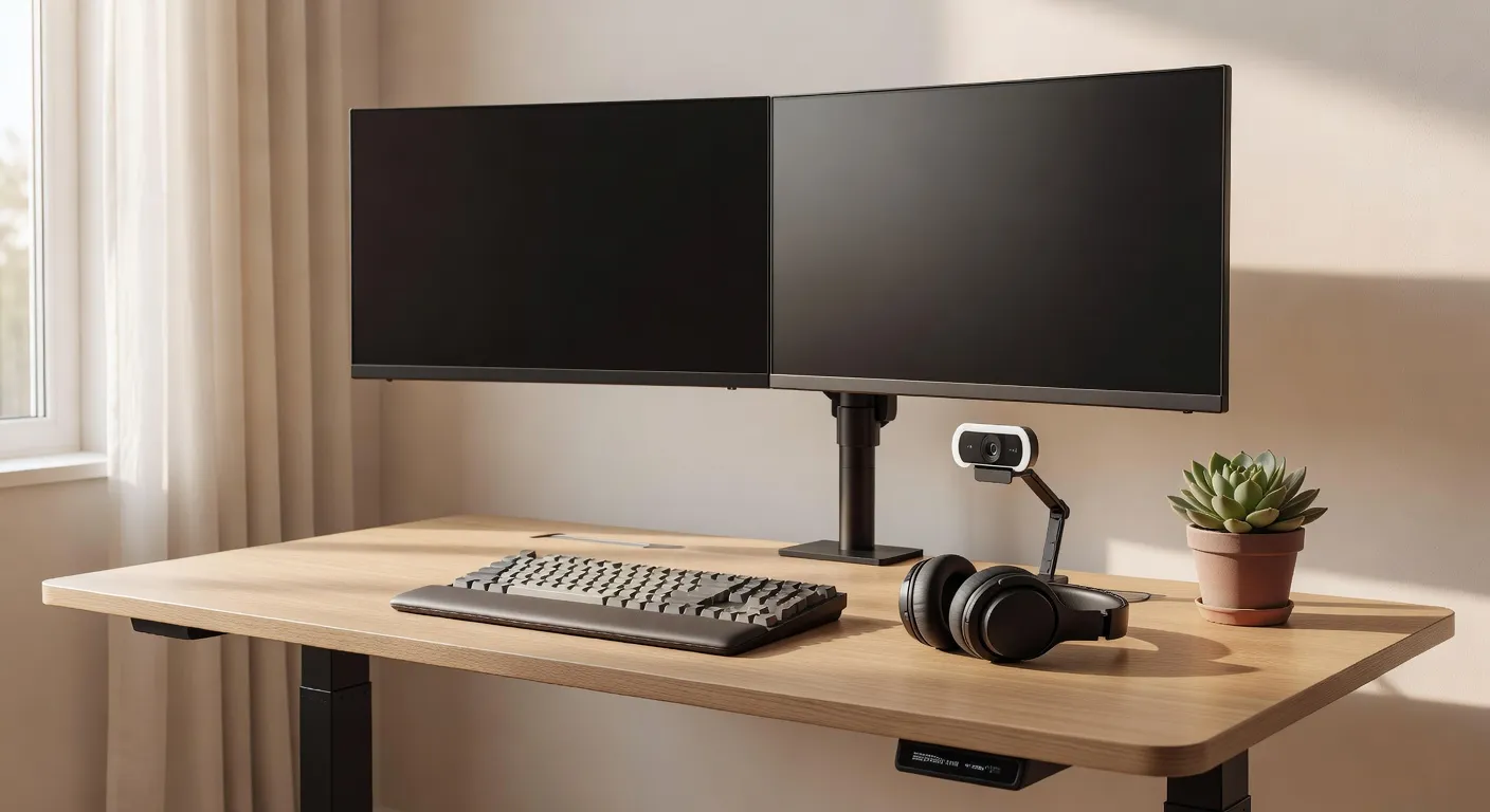 Setup de bureau ergonomique pour développeur en télétravail avec deux écrans et bureau debout