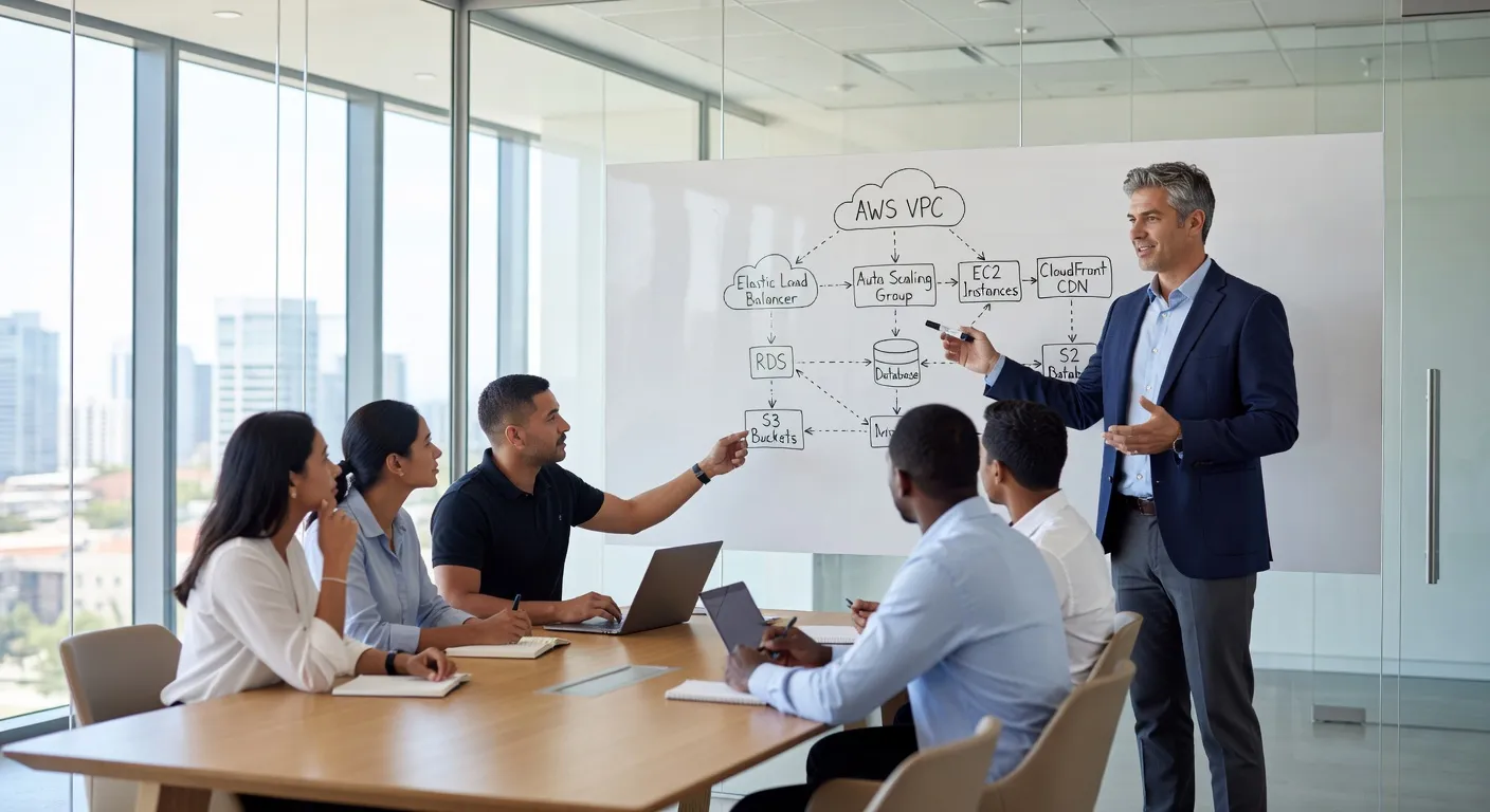 Architecte cloud en réunion technique avec son équipe devant des tableaux d'architecture