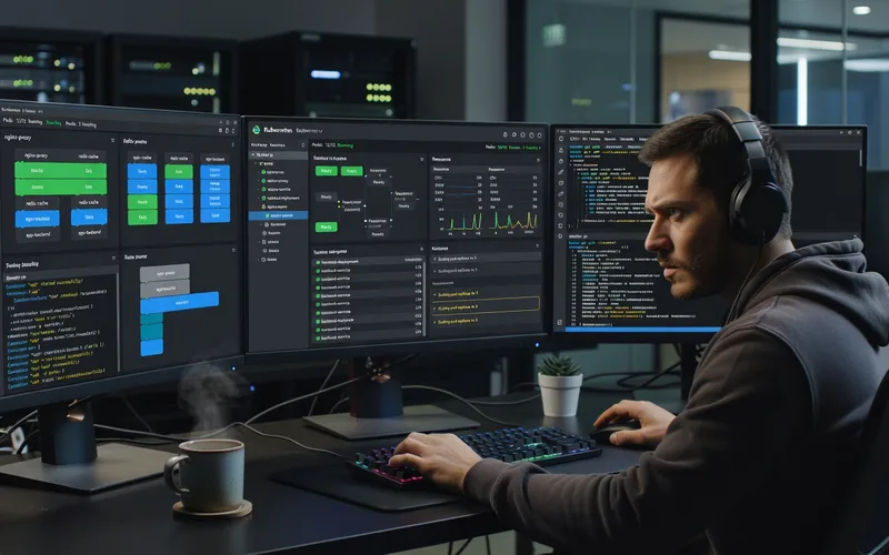 Schema d'un pipeline CI/CD complet : commit, build, test, scan, deploy staging, deploy production avec les outils associes