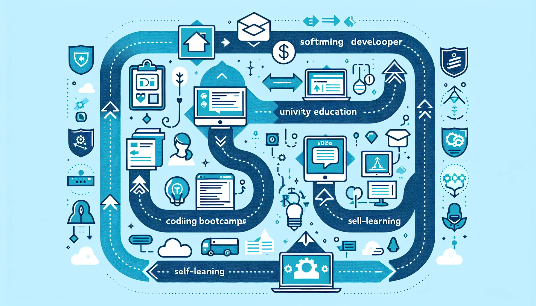 Schema illustrant les quatre parcours possibles pour devenir developpeur web : autodidacte, bootcamp, universite et alternance